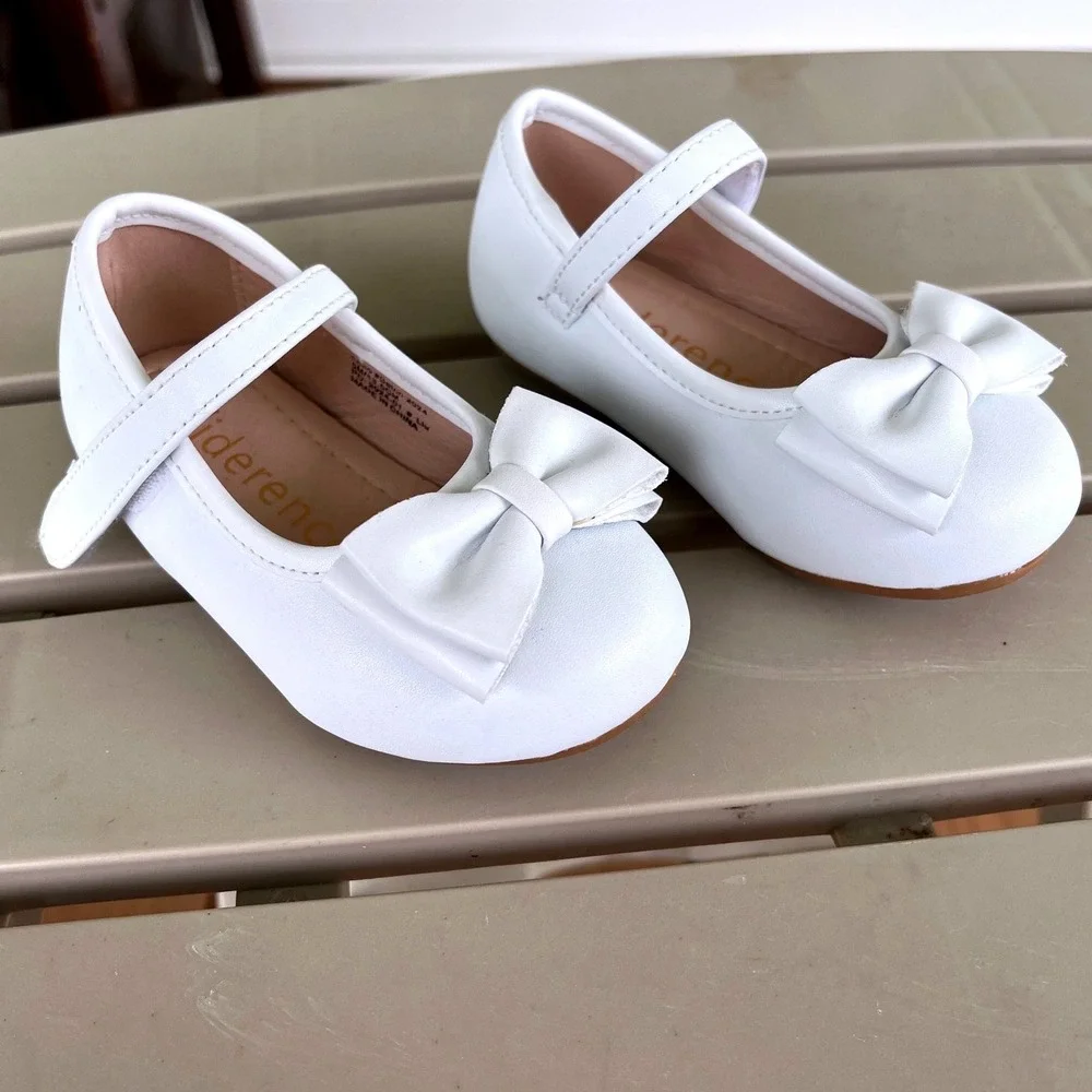 Kiderence Kids White Mary Jane Bow Flats Hook Loop Strap Size 5 (baby)